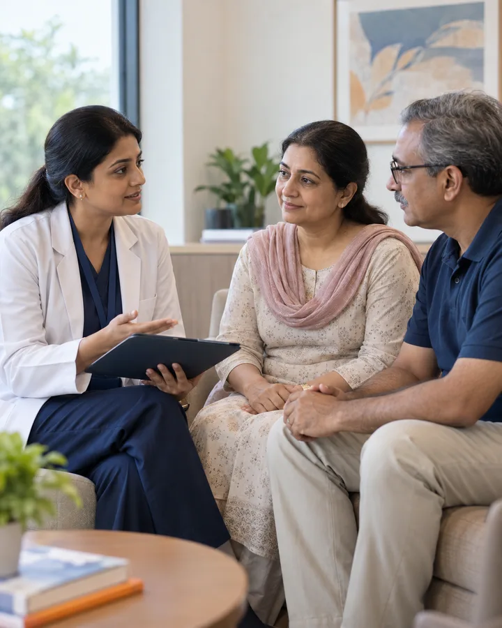 An oncology care coordinator speaking with a patient and family member