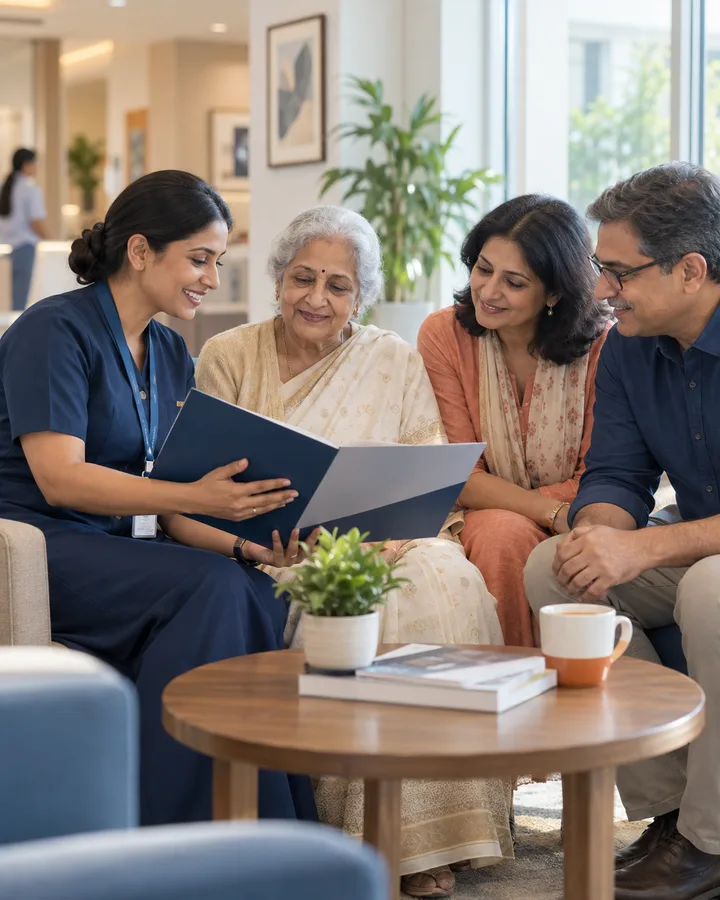 A family reviewing a care plan with an Axten Care Buddy